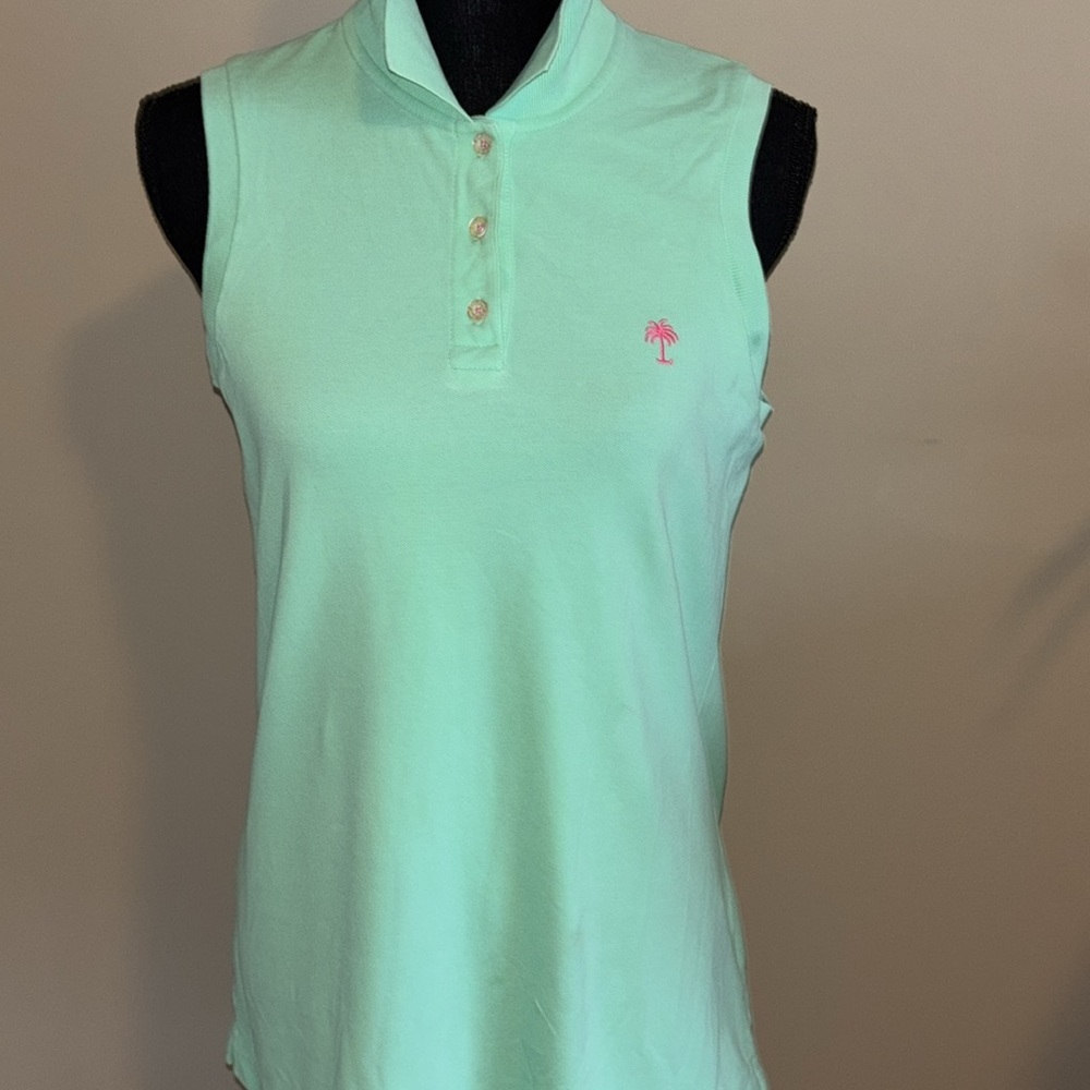 Lilly Pulitzer Island Polo Mint Green with Pink Palm Tree.  Women’s size M.  EUC - Picture 6 of 8